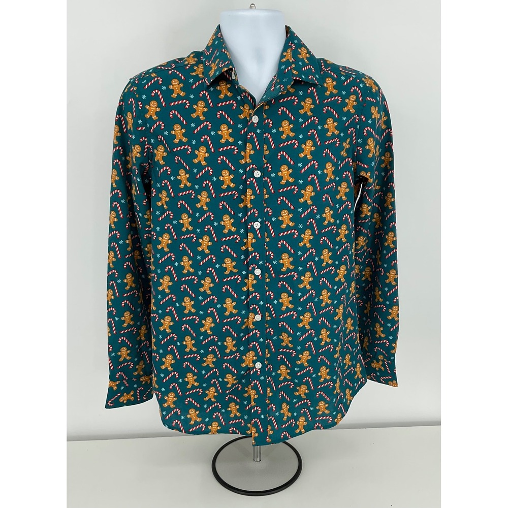Simon Banks Mens Long‎ Sleeve Button Up Shirt Gingerbread Candy Cane Christmas